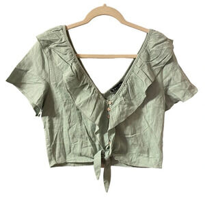 NWT VERY J SAGE GREEN CROPPED BOHO V-NECK BLOUSE